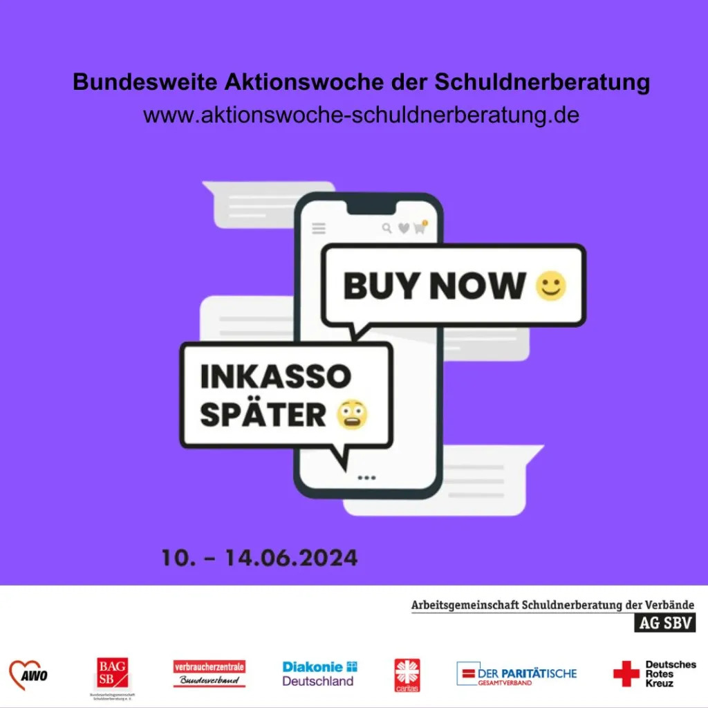 Aktionswoche Schuldnerberatung 2024 Lila Plakatmotiv mit Emojis
